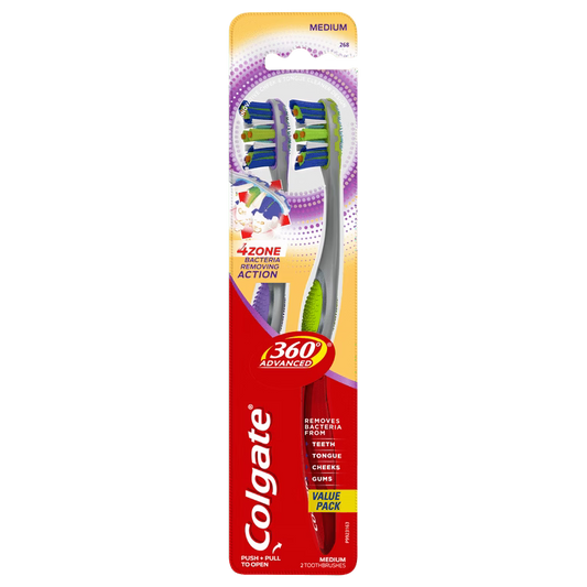 Colgate 360 Advanced 4 Zone Manual Toothbrush with Tongue and Cheek Cleaner, Medium, 2 Ct image 0