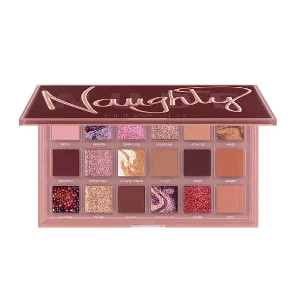 Open 18-shade eyeshadow palette with matte, shimmer, and marble nude tones in rectangular case