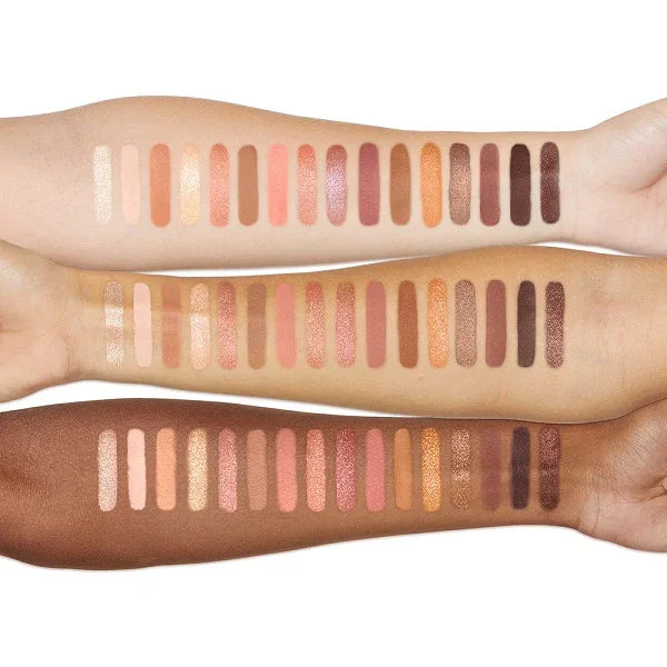 Neutral and nude eyeshadow palette swatches on three skin tones, showing shade variety.