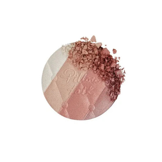 Round multi-shade highlighter powder palette, crushed texture, pink and champagne tones