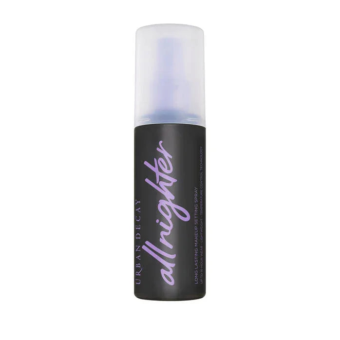 Urban Decay All Nighter long-lasting makeup setting spray bottle on white background