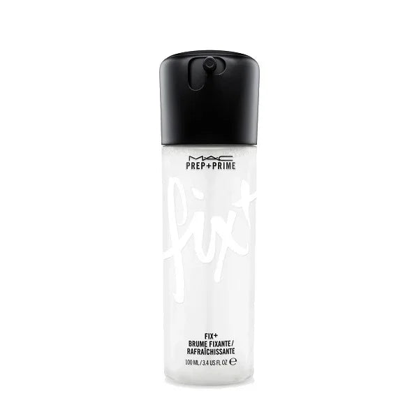Clear MAC Prep + Prime Fix+ makeup setting spray bottle with black cap on white background