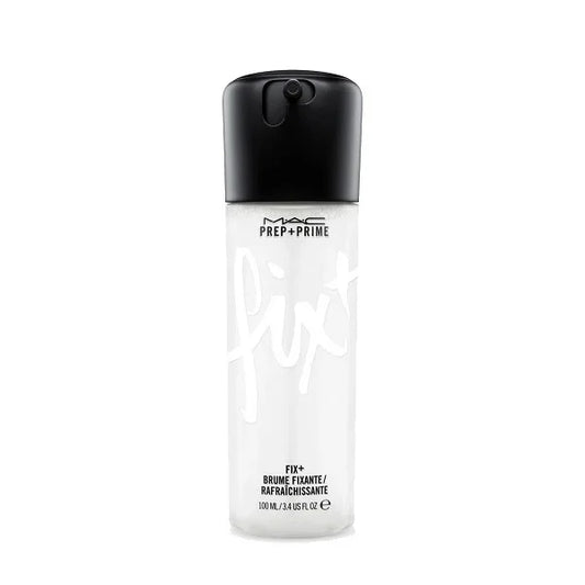 Clear MAC Prep + Prime Fix+ makeup setting spray bottle with black cap on white background