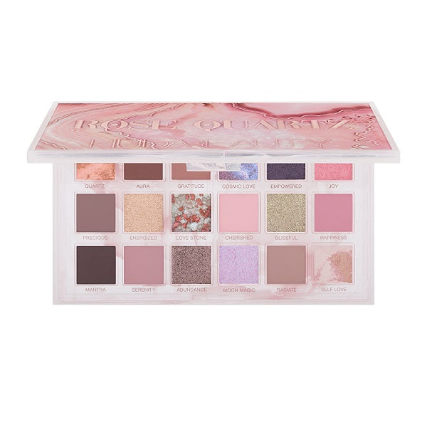 Open rose quartz eyeshadow palette with 18 pink, mauve, and shimmer makeup shades.