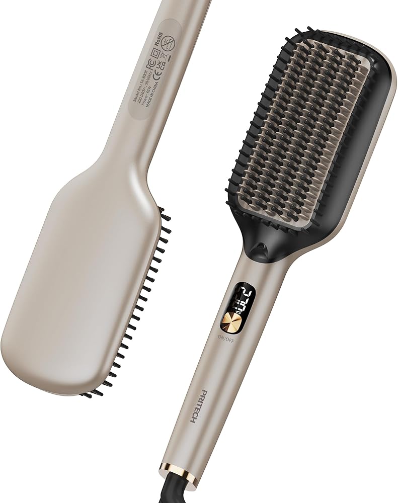 PRITECH Hair Straightening Brush Ionic 250-450°F Fasting Heating Anti-Scald & Auto-Off, Wide Plates Flat Iron Comb Teeth Dual-Voltage Hot Straightener Ionizer Anti-Frizz (Gold) | Pakistan image 0