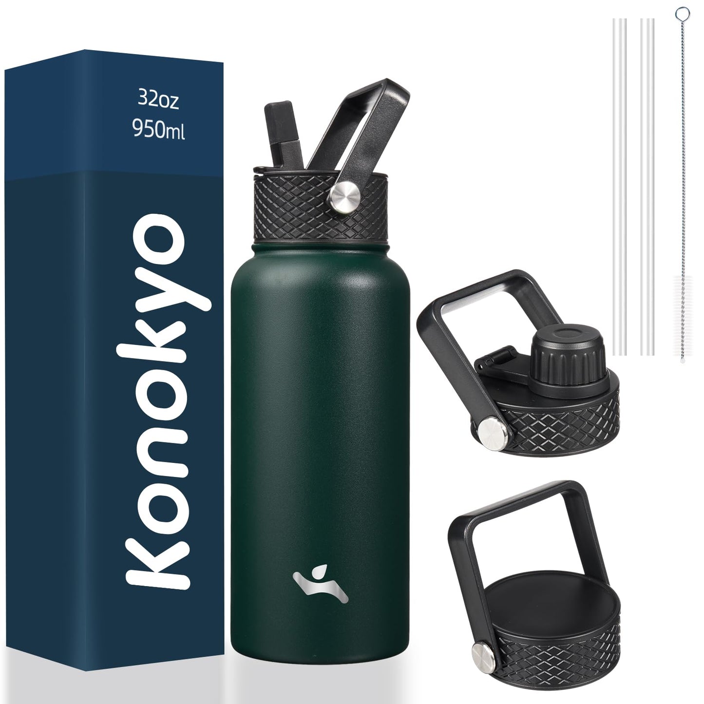 Konokyo - Insulated Water Bottle with Straw,32oz 3 Lids Metal Bottles Stainless Steel Water Flask - Army Green image