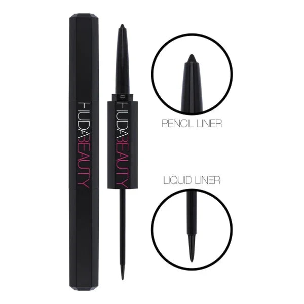 Double-ended eyeliner with pencil and liquid tips, black casing, close-up detail of both ends.