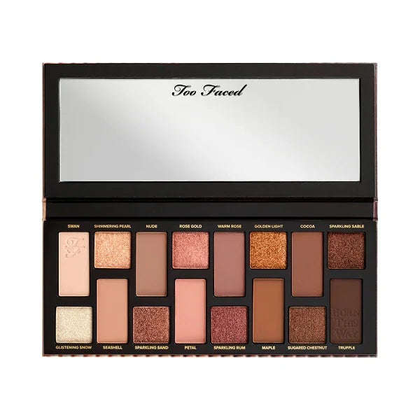 Open eye shadow palette with mirror, featuring a range of neutral and nude matte and shimmer shades.