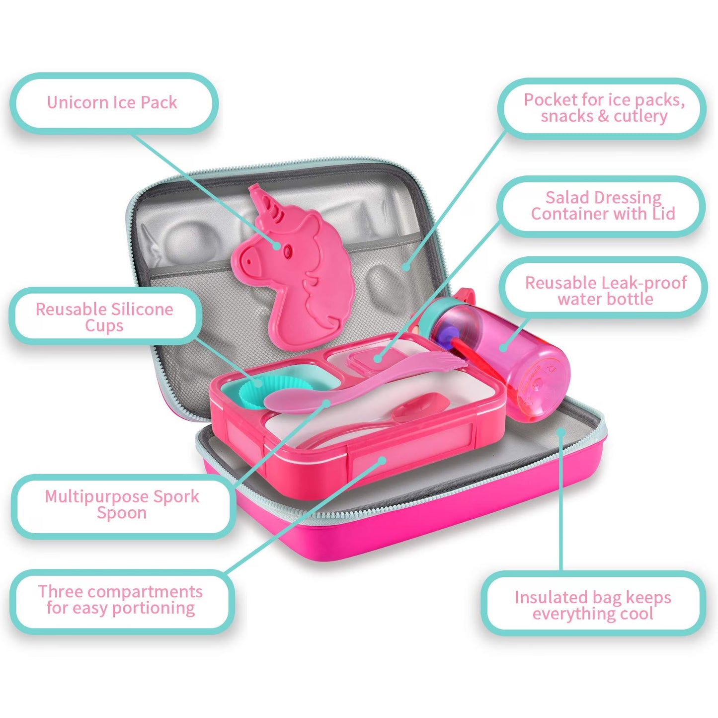 COO&KOO Unicorn Insulated Lunch Box Set with 3 Compartment Ice Pack Water Bottle Silicon Cap Spoon Salad Container Kid's School Supplies Ideal for Age 7-15 image 1