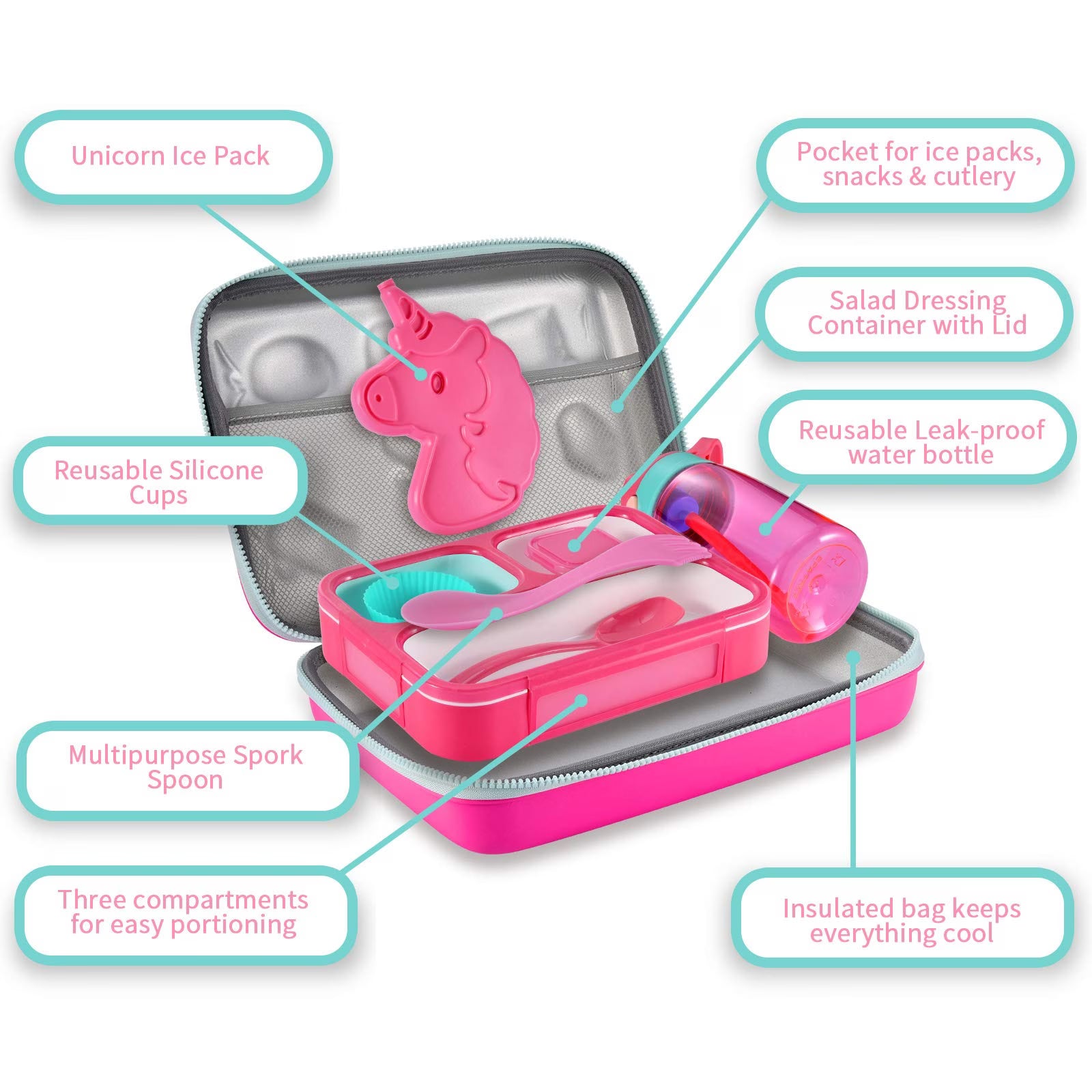 COO&KOO Unicorn Insulated Lunch Box Set with 3 Compartment Ice Pack Water Bottle Silicon Cap Spoon Salad Container Kid's School Supplies Ideal for Age 7-15 image 1