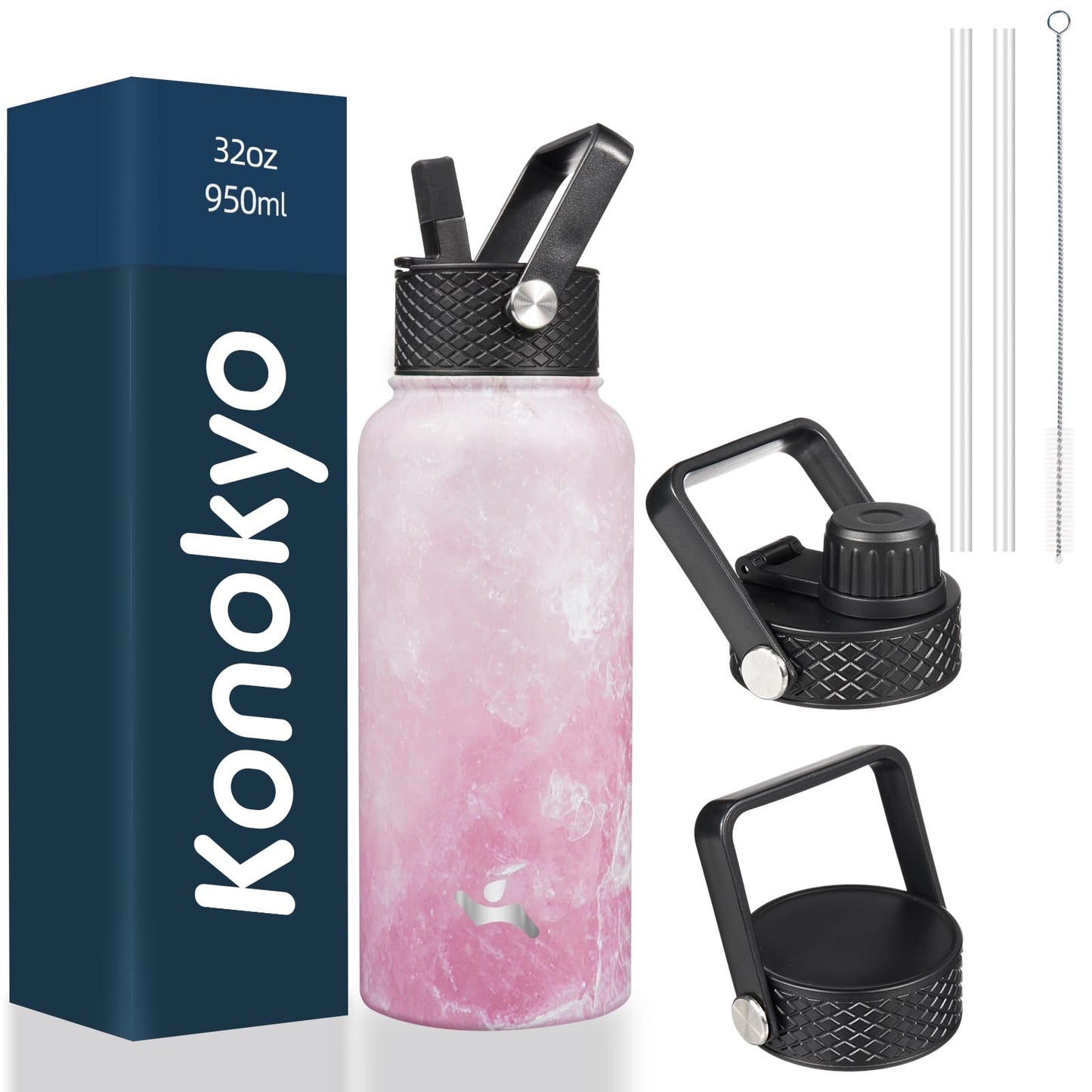 Konokyo - Insulated Water Bottle with Straw,32oz 3 Lids Metal Bottles Stainless Steel Water Flask - Marble Blossom image