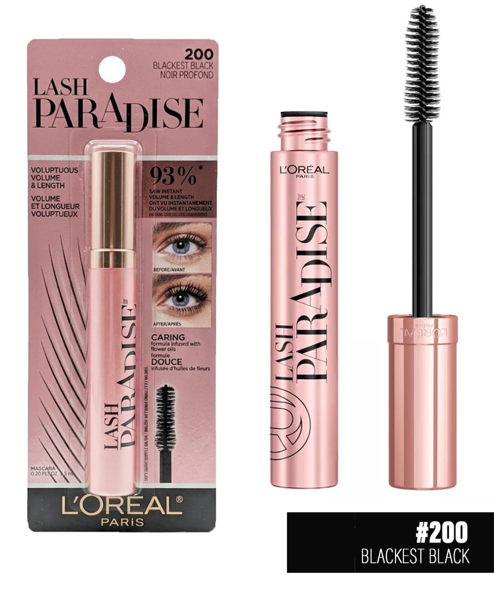 L'Oréal Paris Lash Paradise Blackest Black mascara shown in its pink retail packaging, alongside the uncapped tube and the mascara wand on a white background.