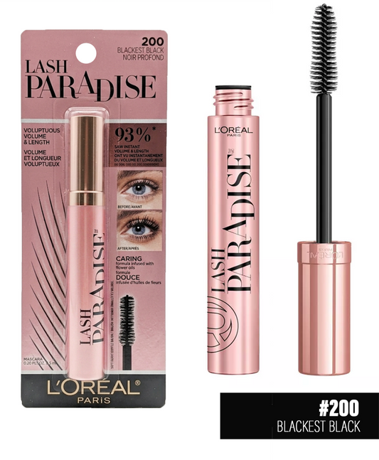 L'Oréal Paris Lash Paradise Blackest Black mascara shown in its pink retail packaging, alongside the uncapped tube and the mascara wand on a white background.