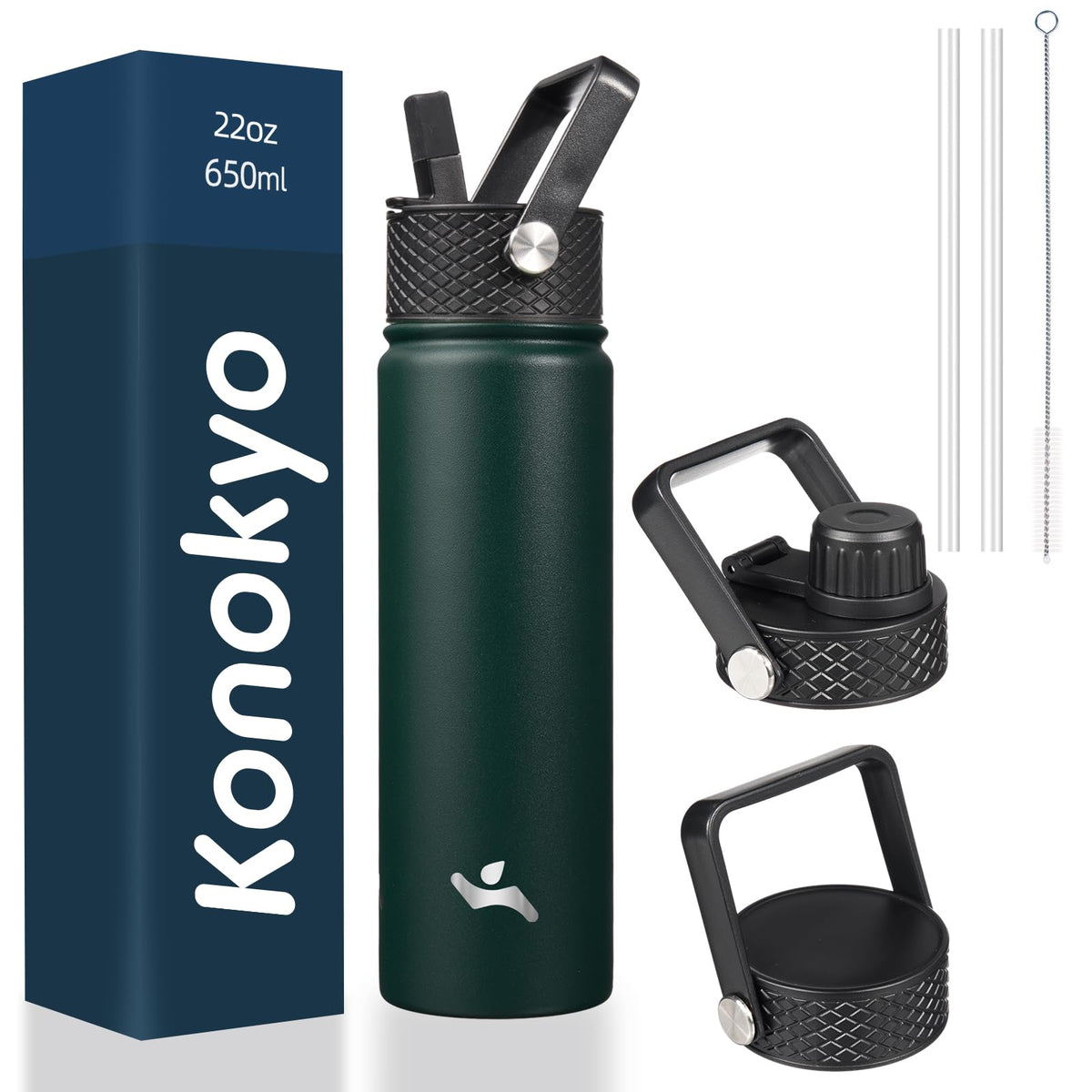 Konokyo - Insulated Water Bottle with Straw 3 Lids Metal Bottles Stainless Steel Water Flask