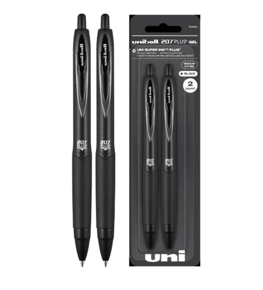 uniball 207 Plus+ Retractable Gel Pen, Medium Point, 0.7 mm, Black Ink, 2 Pack