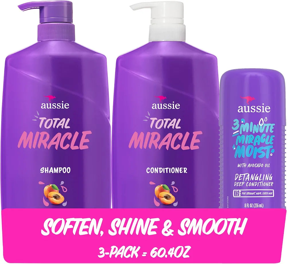 Aussie Total Miracle Hair Care Bundle: Shampoo, Conditioner, and 3 Minute Deep Treatment with Apricot & Macadamia Oil, Paraben-Free for Damaged Hair
