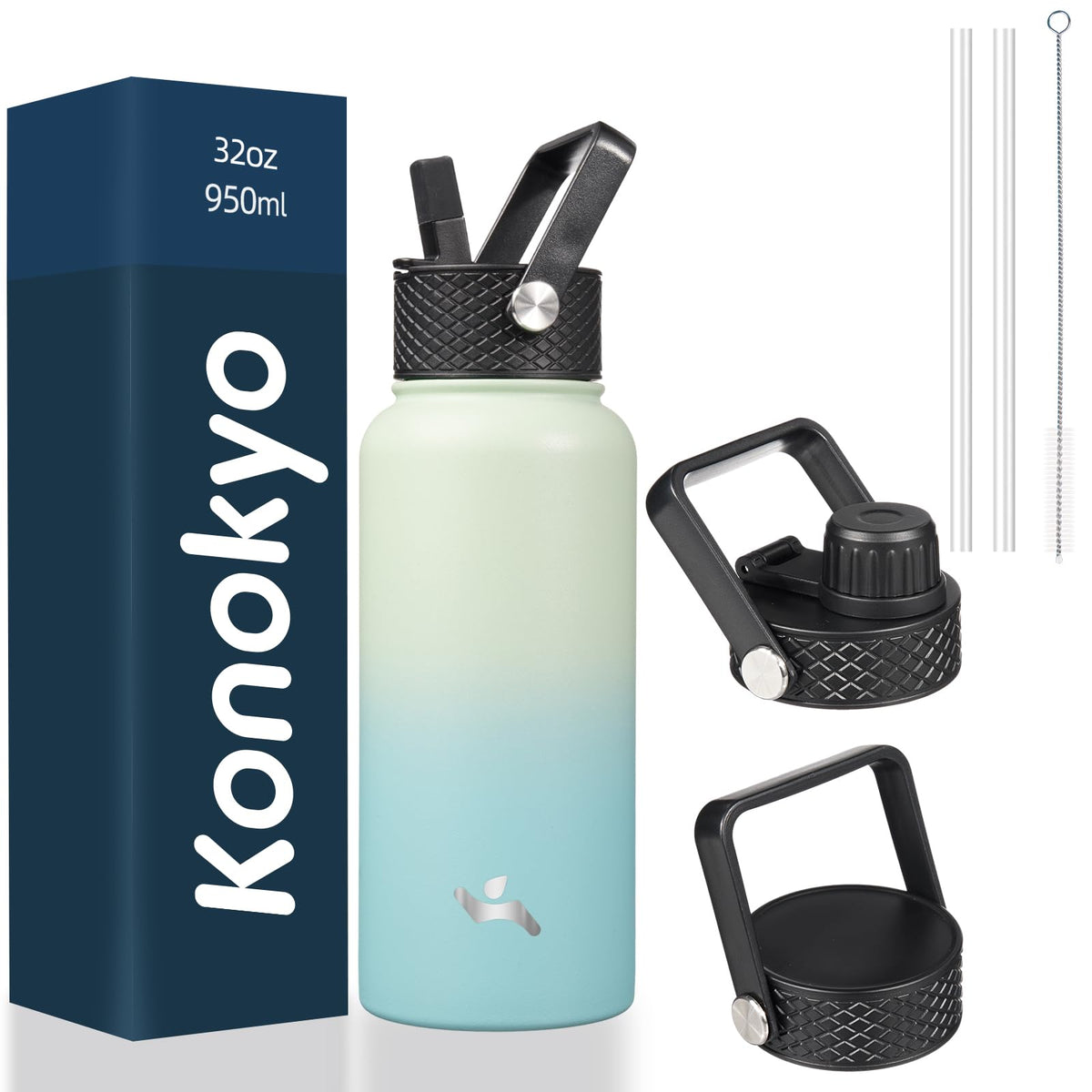 Konokyo - Insulated Water Bottle with Straw 3 Lids Metal Bottles Stainless Steel Water Flask