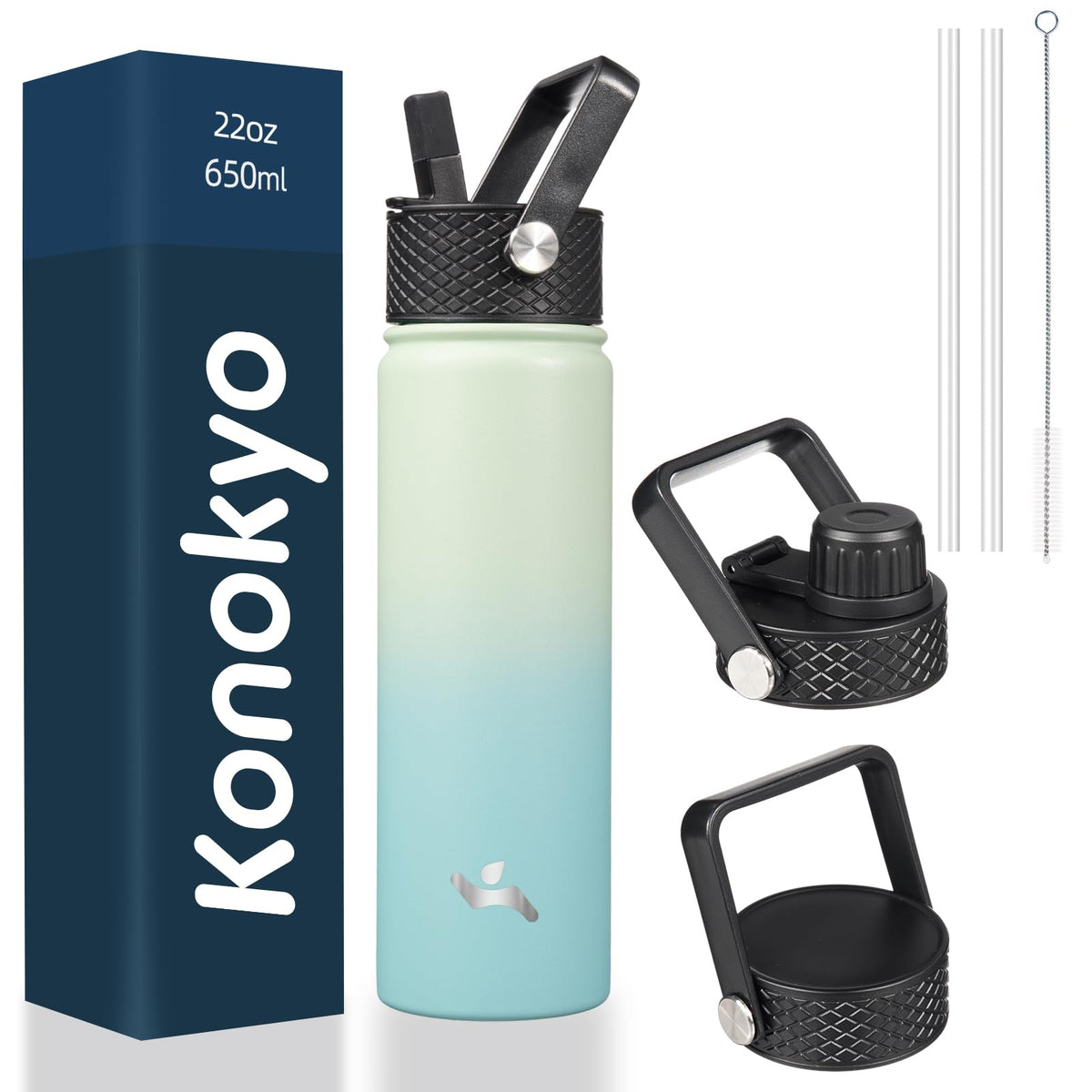 Konokyo - Insulated Water Bottle with Straw 3 Lids Metal Bottles Stainless Steel Water Flask