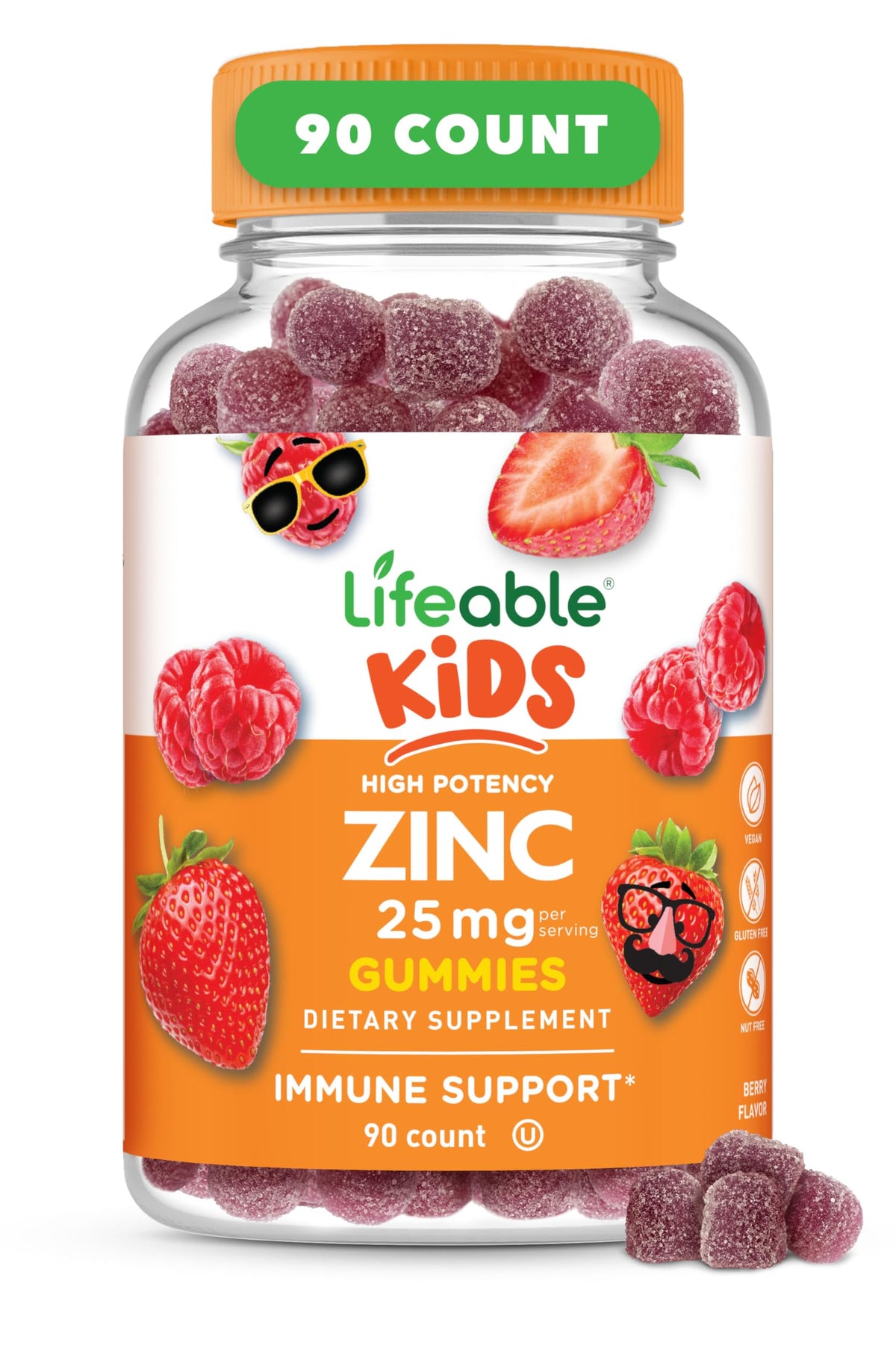 Lifeable Zinc for Kids, 25 mg Vegan Berry Gummies, 90 Count