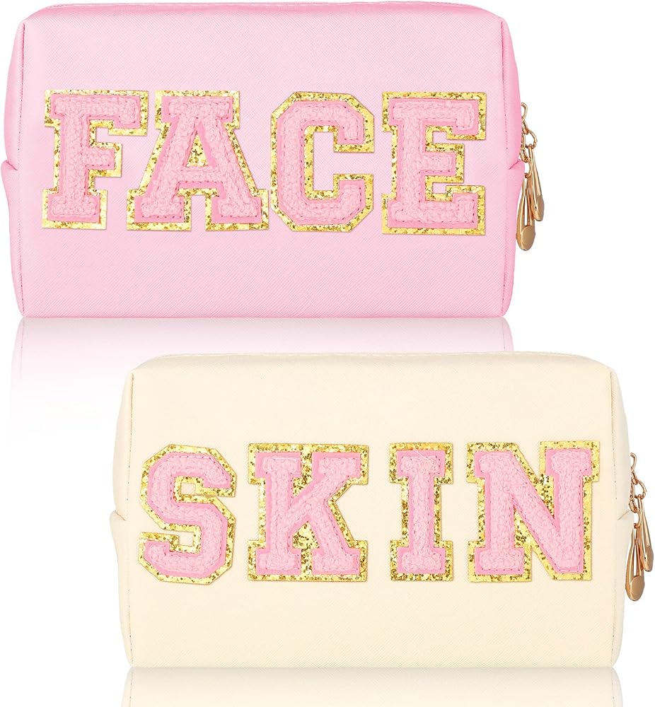 SHEHARUHI - 2 PCS Preppy Makeup Bags,  Cute Chenille Letter Patches Cosmetic Bag Set PU Leather Waterproof Bags Portable Zipper Toiletry Bags Gifts for Teen Girls and Women