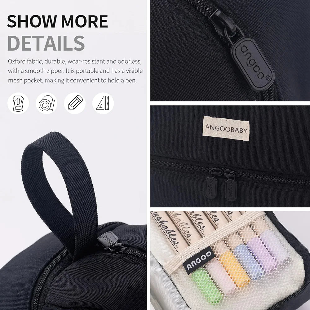 ANGOOBABY - Big Capacity Large Pencil Case Canvas Pen Pouch Bag with 2 Compartments for Girls Boys Teen School Students Adults, Black