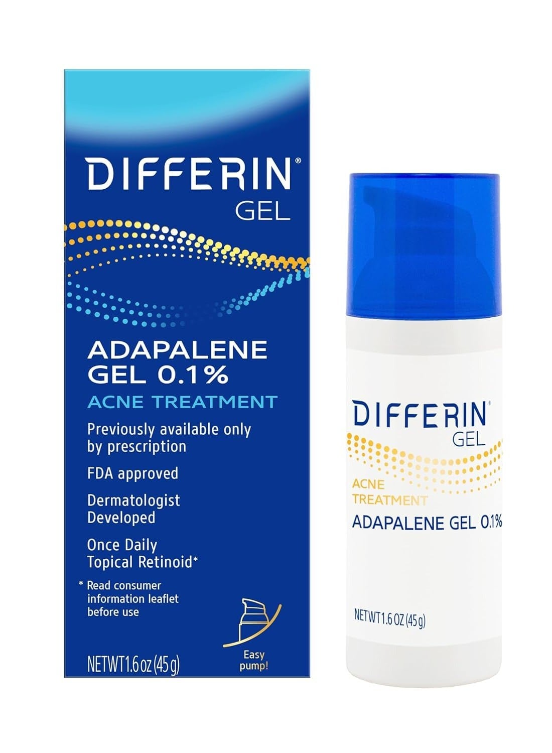 Differin Acne Treatment Gel, 90 Day Supply, Retinoid Treatment for Face with 0.1% Adapalene, Gentle Skin Care for Acne Prone Sensitive Skin, 45g Pump