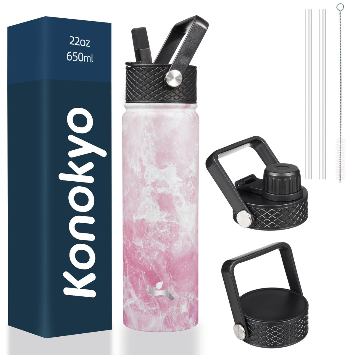 Konokyo - Insulated Water Bottle with Straw 3 Lids Metal Bottles Stainless Steel Water Flask